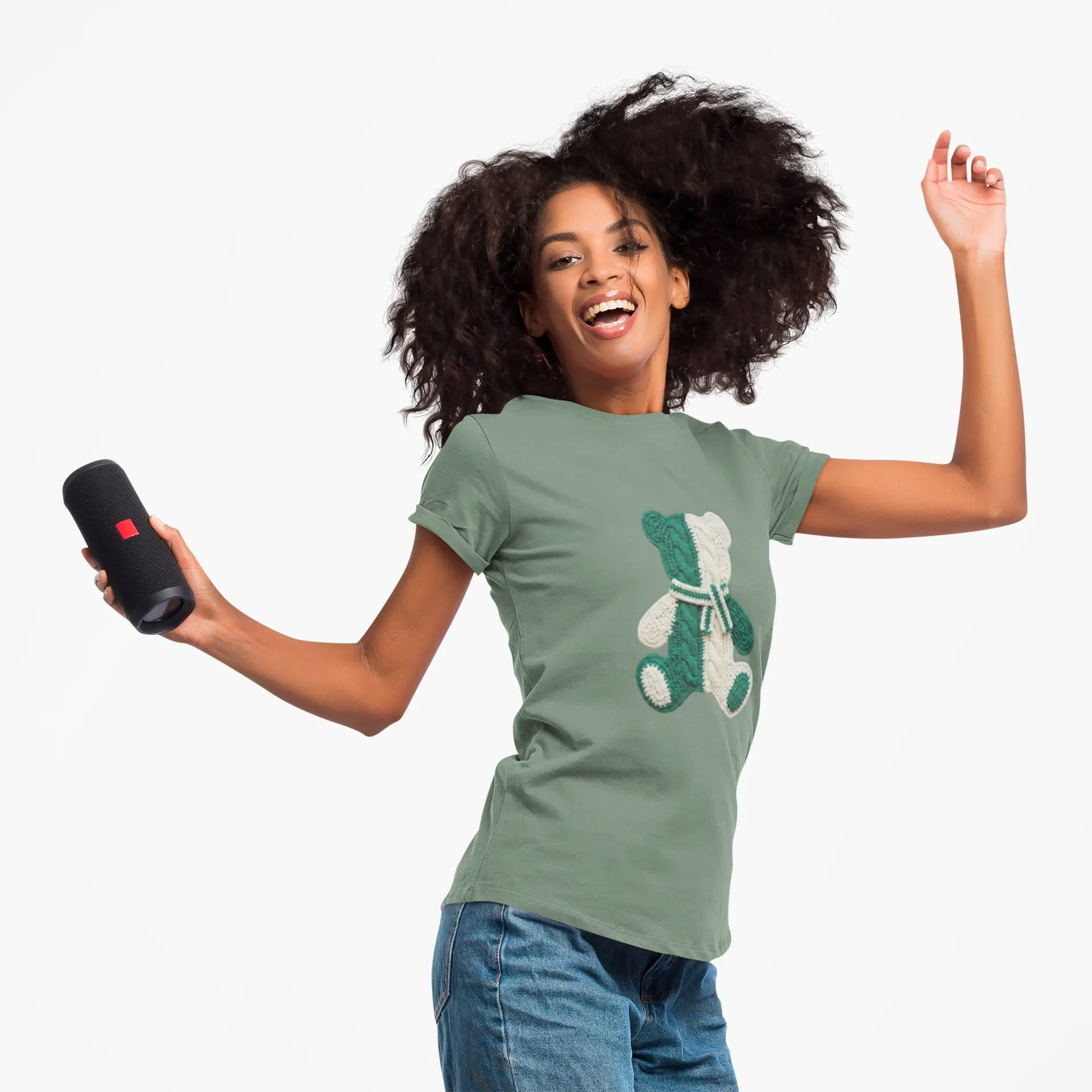 Green Cream Knit Teddy Bear T-Shirt | Appliqué Plush Toy Graphic