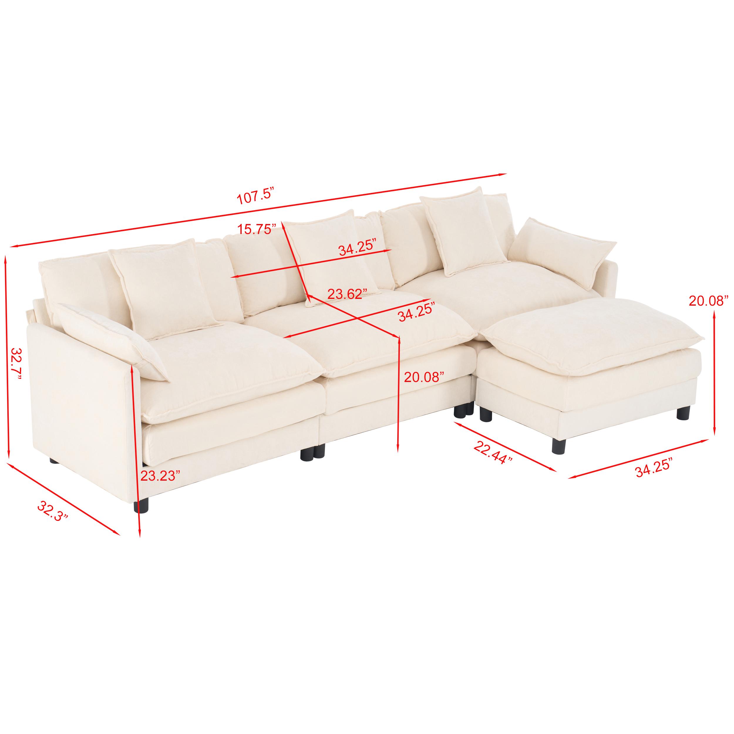 Niccae Large Sectional Sofa with Ottoman, 4-Seat L Shaped Cloud Couch for Family, Pet Friendly Chenille Fabric, Easy Clean, Sturdy Wood Frame, Quick Assembly Living Room Furniture for Home Office