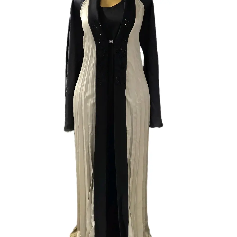 Abaya Adunni - Elegant Black and Cream Long Sleeve Maxi Dress with Beaded Accents for Special Occasions