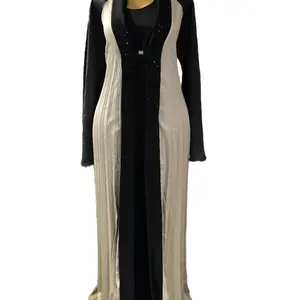 Abaya Adunni - Elegant Black and Cream Long Sleeve Maxi Dress with Beaded Accents for Special Occasions