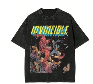 Retro Washed Black Oversized T-Shirt, "Invincible" Superhero vs Monster Comic Graphic Print Tee, Casual Crew Neck Short Sleeve Top, Streetwear Unisex Loose Fit T-Shirt for Men & Women, Dark Hero Aesthetic