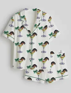 Women’s Wiener Dog & Martini Print Satin Pajama Set, Cocktail Lover Short Sleepwear Soft & Breathable Summer Sleepwear for Women