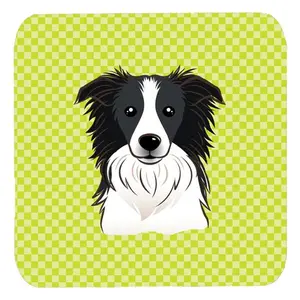 Carolines Treasures  3.5 x 3.5 In. Checkerboard Lime Green Border Collie Foam Coasters- Set Of 4