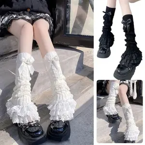 Japanese-Styles Women Knitted Leg Warmer Bow Tiered Ruffled Socks Girl Lace Lolita Socks Calf T-shaped Lace Leg Horn Warmers Women Cute Textured Socks