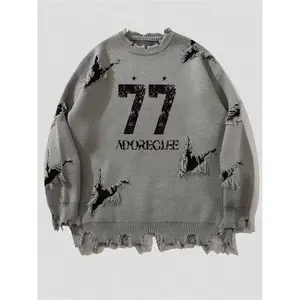Men’s Number 77 retro long-sleeve crewneck pullover sweater — stylish game-day design; aesthetic, cool, warm, loose fit, comfortable jumper for daily life, hip-hop, streetwear, going out; fall/winter clothing