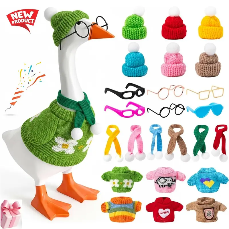 24 Pcs 7Inch Desk Goose Outfits - Multicolor Knit Sweater Set with Hats Scarves Sunglasses for Mini Magnetic Goose Statue Decor