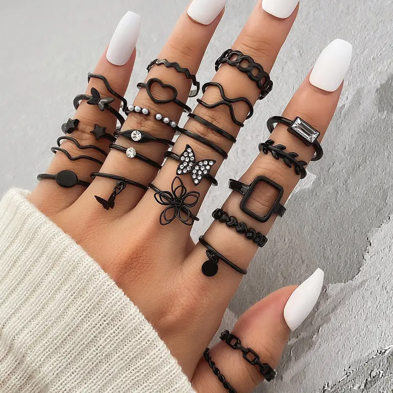 23Pcs Bohemian Women Black Ring Set Elegant Women Butterfly, Heart, Floral & Star Motifs - Sparkling Rhinestone Accents Rings Vintage Black Stackable Rings Daily Wear, Parties, Dates & Gifting Set
