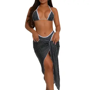 Aprilake Women's 3 Piece Bikini with Cover Ups Triangle Halter String Thong Backless Sets Floral Printed Summer Beachwear Bathing Suit