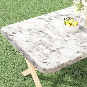 Rectangular Marble Picnic Table Cover, Vinyl Waterproof Oil-Resistant Easy Clean, Non-Slip Design, Ideal for Outdoor Indoor Events
