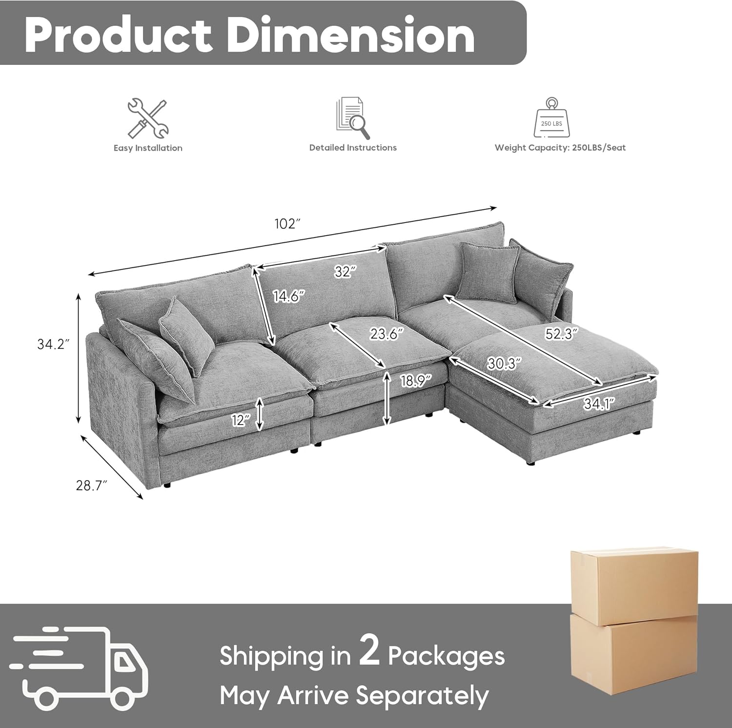 102" L Shaped Modular Sectional Sofa, Comfy Upholstery Chenille Cloud Couch with Ottoman, Modern 4-Seat Deep Seat Sofa with Pillow for Living Room, Bedroom, Apartment, Grey 102" L Shaped Modular Sectional Sofa, Comfy Upholstery Chenille Cloud Couch with Ottoman, Modern 4-Seat Deep Seat Sofa with Pillow for Living Room, Bedroom, Apartment, Grey