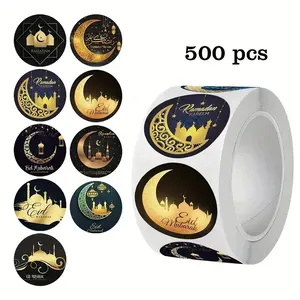 500 sheets/roll Ramadan Moon Doodle Stickers, 1 inch Round Golden Eid Moon Festival Party DIY Decoration, Islamic Muslim Gift Boxes, Bags and Party Supplies Labels, Sealing Stickers, Holiday Decorations, Holiday Crafts, Ramadan Gifts for Craft Lovers