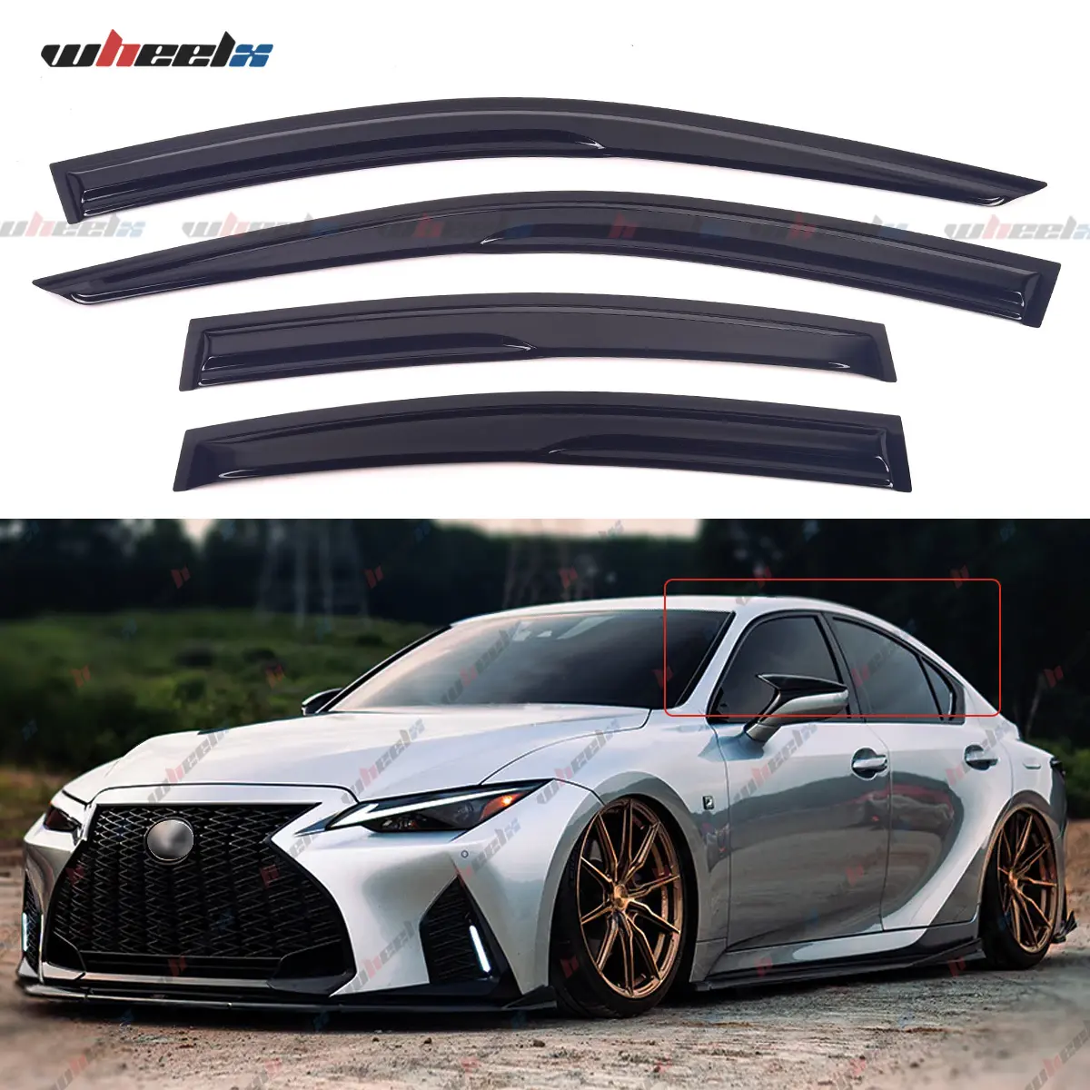 2021-2024 Lexus IS300/IS350/IS500 All Models - 4-Pieces Acrylic Side Window Visors, Air Deflectors with Sun Protection