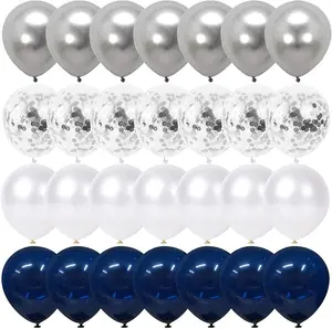 Navy Blue and Silver Confetti Balloons 50 pcs, 12 inch White Pearl and Silver Metallic Chrome Party Balloons for 2023 Graduation Party Decorations