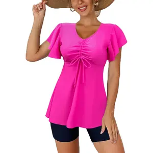 Women's Tankini Swimsuits Ruffled Flowy Tankini Tops with Boy Shorts Swimwear Tummy Control Two Piece Bathing Suits
