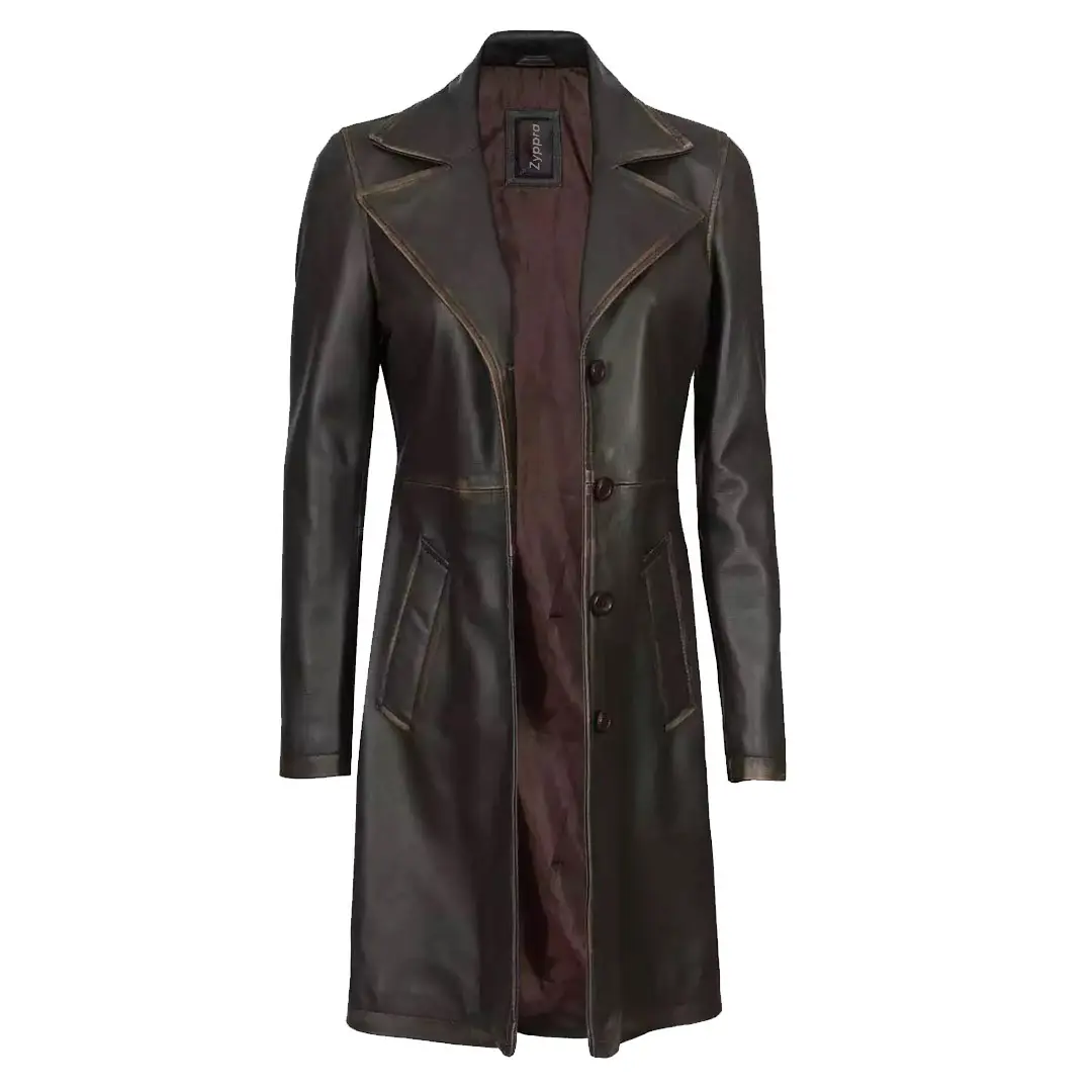 Womens Dark Brown Long Leather Car Coat