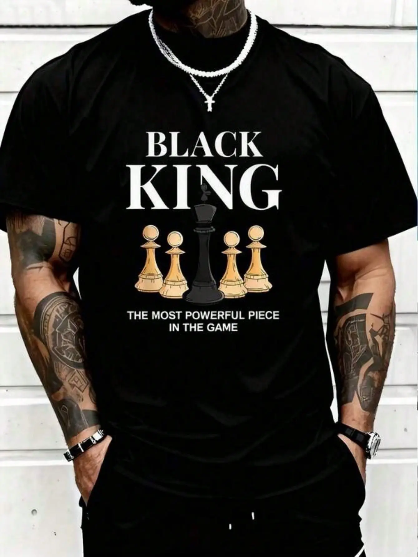 1pc Men's Chess King Print Black TShirt, Crew Neck, Casual Cotton Tee Medium Stretch Knit Fabric, Men's Regular Fit, Size S-XXXXXL