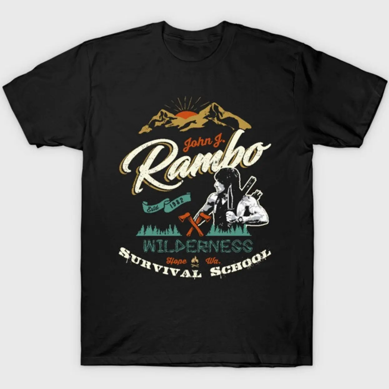 Rambo Wilderness Survival School Vintage Action Movie Graphic T-Shirt, Retro Fan Apparel Tee 74C