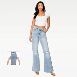 Women’s minimalist high-waisted split horn elastic jeans — fashion casual retro split jeans with pockets for street wear; New Year women’s clothing GARMENTARY