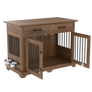Dog Crate Furniture with Storage Drawers & Rotating Feeding Bowls, Indoor Wooden Dog Kennel End Table for Medium Dogs, Decorative Pet Cage Side Table, Farmhouse Style Space Saving Pet Furniture