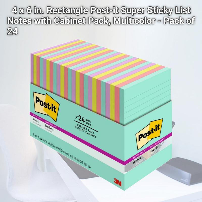 3M MMM66024SSMIACP 4 x 6 in. Rectangle Post-it Super Sticky List Notes with Cabinet Pack, Multicolor - Pack of 24