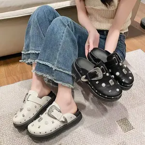 Women's Retro British-Inspired Platform Mules, Slip-On Round Toe Casual Shoes with Rivet Details and Faux Cover