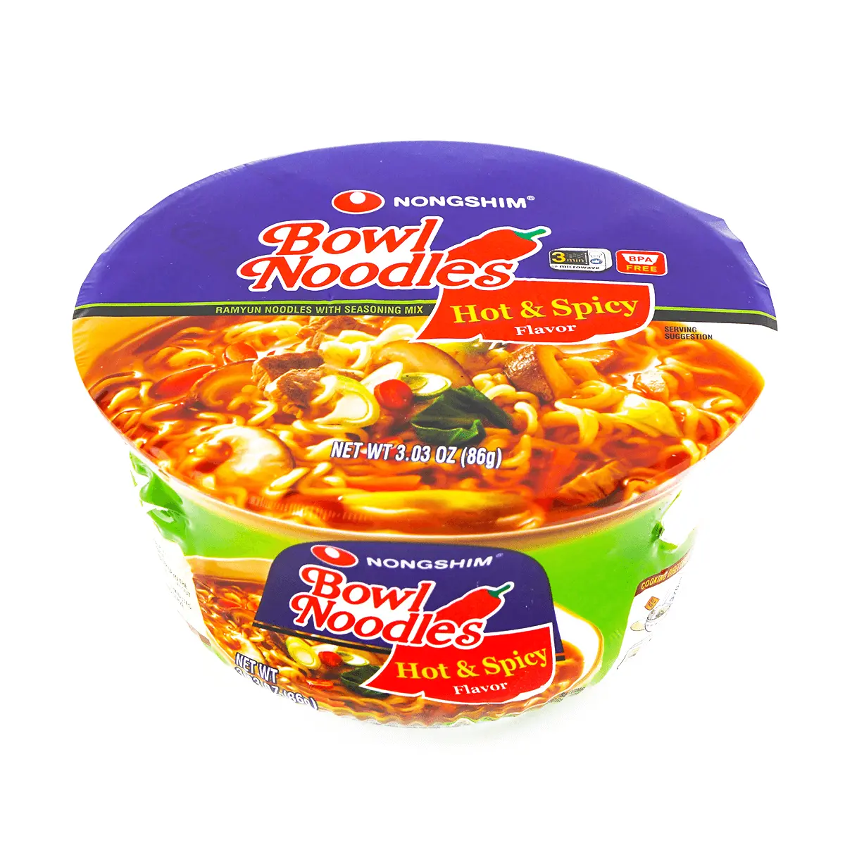 Nongshim Korean Spicy Instant Bowl Noodles - 3-Minute Microwave Ramen, 86g