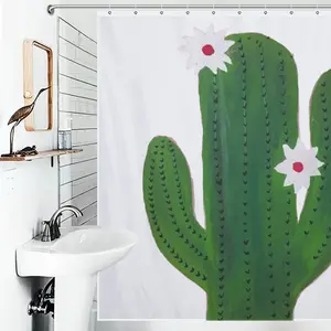 Cactus Flower Shower Curtain, Minimalist Green Cacti Waterproof Bath Curtain, Boho Desert Aesthetic Bathroom Decor, Cute Cactus Bath Accessory with Hooks