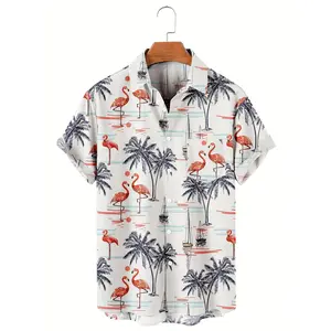 [Coconut Tree Print Shirt] Summer Vacation Resort Short Sleeve Shirt - Hawaiian Coconut Tree & Flamingo Print Men's Casual Shirt - Gift For Men