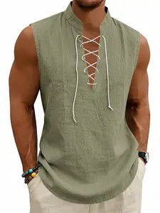 2026 Summer Tropical Men's Viking Medieval Drawstring Linen Vest, Loose Fit, Breathable, Sleeveless, Casual Style, Plain Pattern, No Collar, No Zipper, Personalized, Sleeveless Waistcoat
