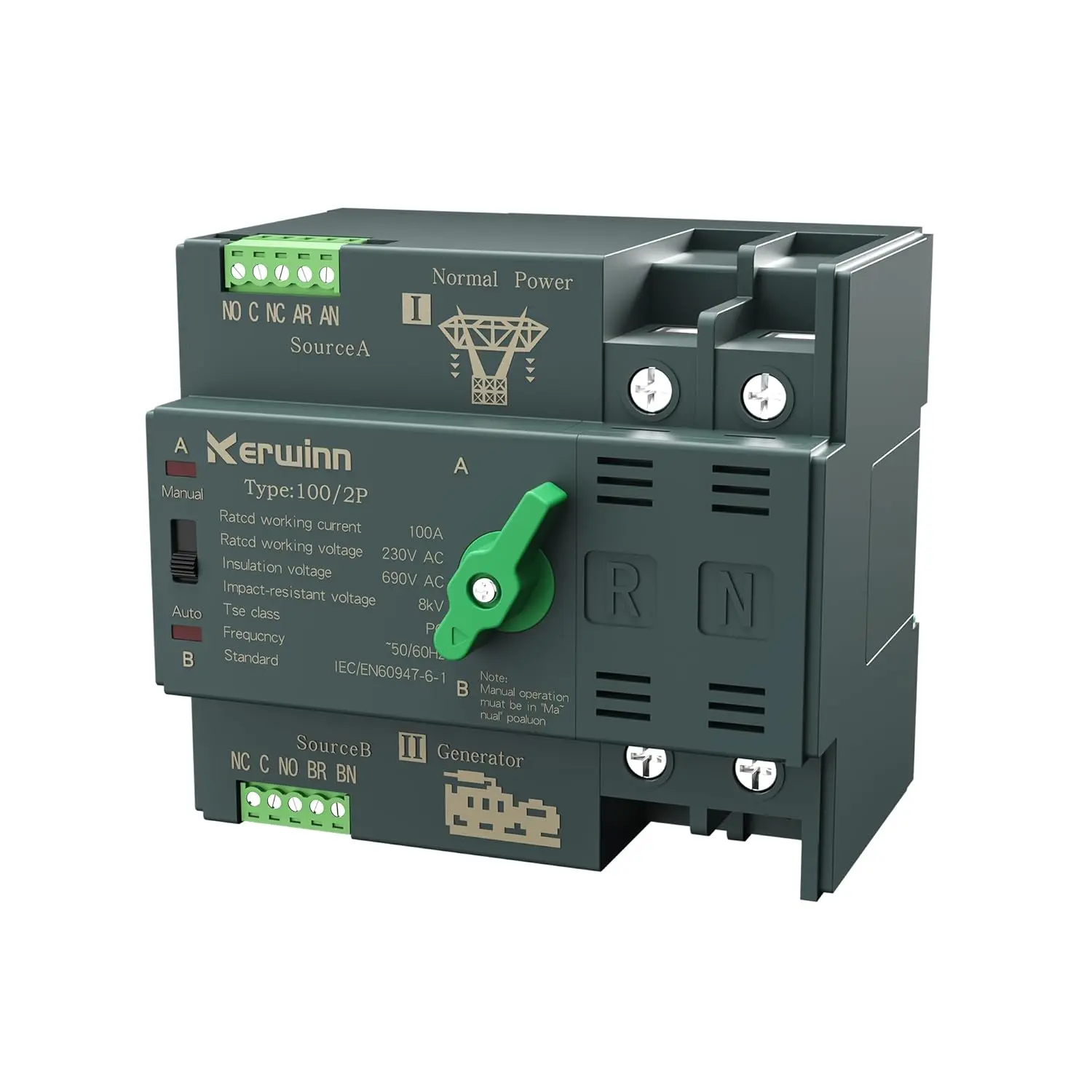 Automatic Transfer Switch 100 amp Manual Power Transfer Switch 220V Dual Power Electrical Selector Switches DIN Rail Mount (2P)