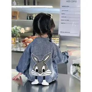 Girls' 3D Denim Loose-Fit Long-Sleeve Button-Up Jacket, Elastic and Machine-Washable Fabric, Fun Children's Clothing Suitable for All Seasons, Durable Kids' Apparel