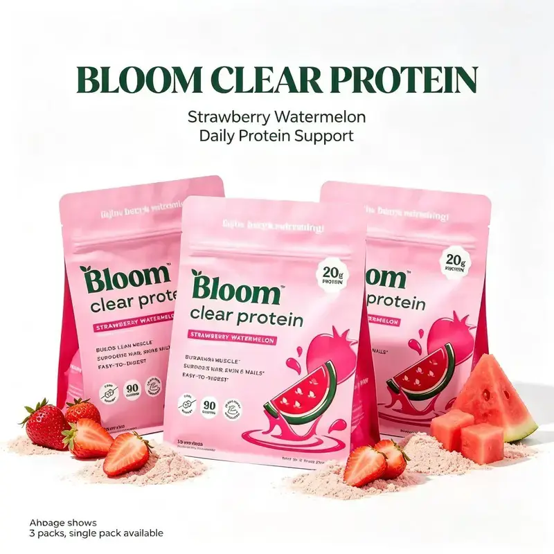 【3 pack】Bloom Clear Protein, Whey Protein Isolate with Collagen Peptides and Digestive Enzymes, 20g Protein, Sugar Free Post Workout Drink Mix, 90 Calories, Strawberry Watermelon, 10 Servings