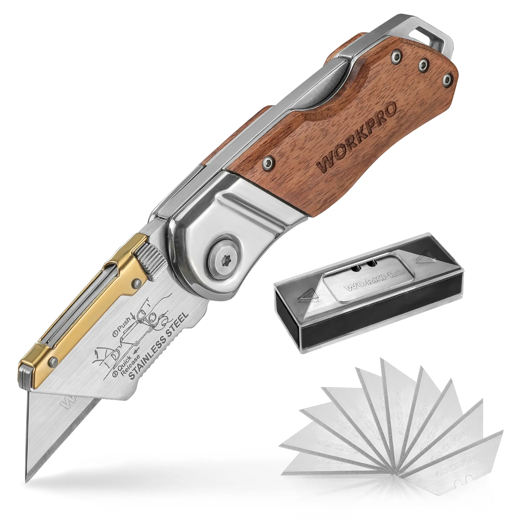 #fathersdaygift WORKPRO Folding Utility Knife with Belt Clip and Extra 10-piece Blades, Wood Handle Heavy Duty Cutter, Quick-change & Back Lock