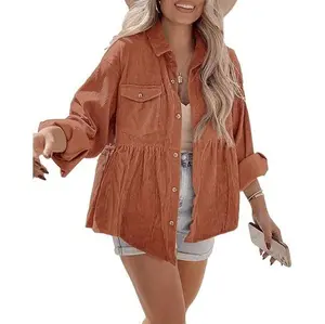 Imily Bela Womens Corduroy Shirts Casual Long Sleeve Button Down Blouses Tunic Babydoll Dress Loose Pocket Jacket Shackets