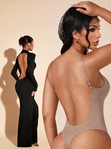 Nude Beige Low-Back Seamless Bodysuit, Ultra-Thin Adjustable Strap Backless Fit Shapewear, No-Show Comfort Lingerie for Dresses & Evening Wear
