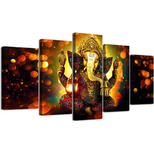 DJSYLIFE Hindu God Ganesha Wall Art Canvas 5pcs HD Print for Living Room Decor Modern Home Decor 40"W x 22"H Framed Ready to Hang Elephant Picture Art