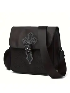 casual and simple style, dark color crossbody bag, Crossbody Messenger Bag, mesh splicing design, cross decoration, adjustable shoulder strap, fits mobile phones and keys, suitable for commuting and shopping, Embellished Shoulder Bag