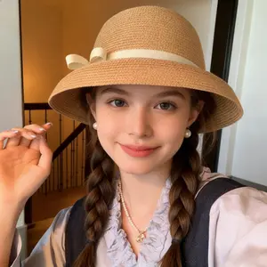Hepburn-Style Woven Straw Bucket Hat for Women Summer Travel Sun Protection Elegant High-End Headwear