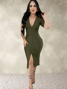 Women's Plain V Neck Dress, Elegant Chic Fashion Casual Short Sleeve Womenswear Dress for Daily Outdoor Wear, Women Dress for Summer