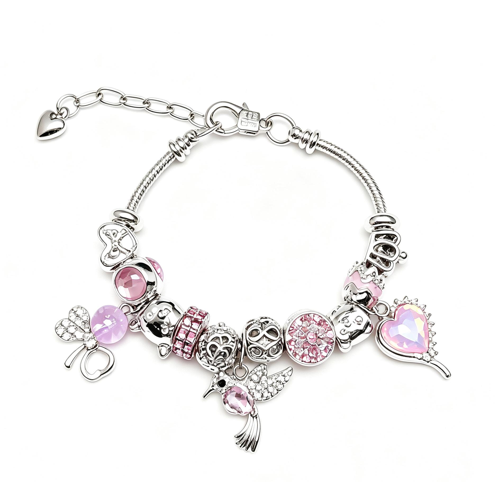 Pink Charm Bracelet for Women Girls - Fashion Silver-Tone Snake Chain with Crystal Heart, Hummingbird & Owl Charms - Sweet DIY Beaded Jewelry Gift for Birthday, Valentine's Day