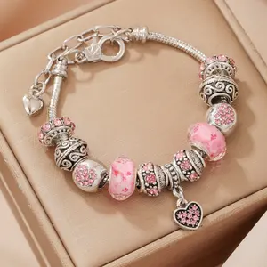 Pink Heart-Shaped Pendant Bracelet Set Female Classic Fashion Accessories for Daily Wear Adjustable Serpentine Chain for Women Perfect Valentine's Day Gift Idea Trendy Stack Bangle Birthday gift