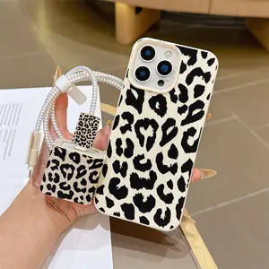 6-Piece Set Leopard Print Phone Case, Charger Head Cover, Cable Protector, Storage Rope, Shockproof for iPhone Models, Perfect Gift