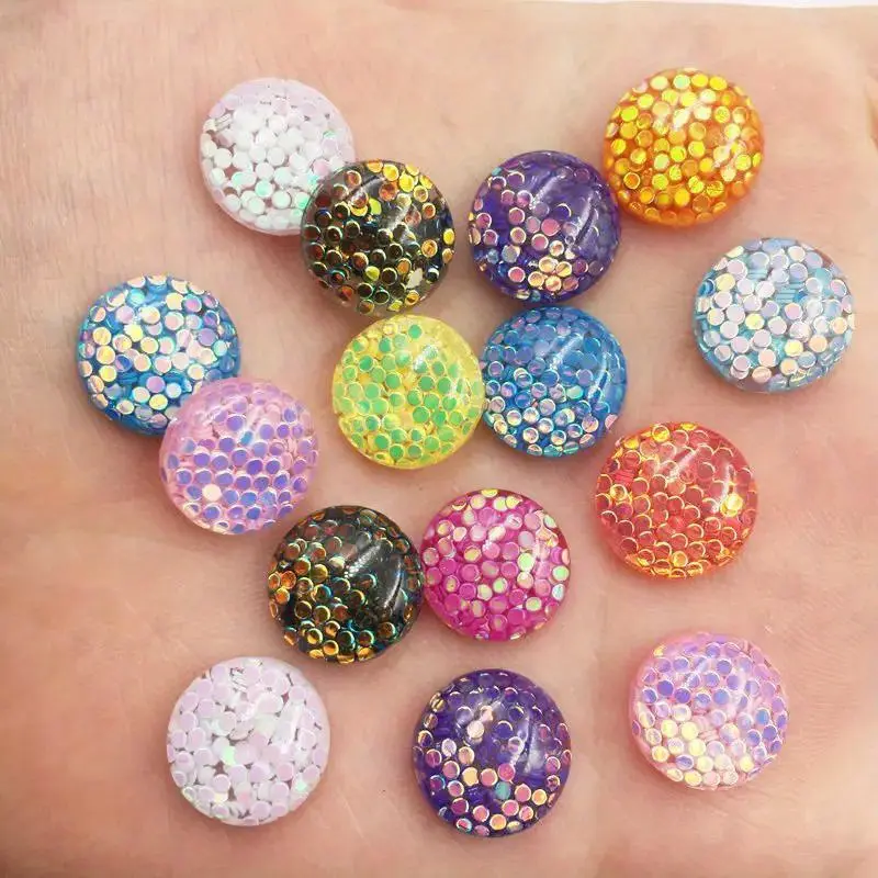 20PCS Mixed Resin 12mm Colorful Glitter Round Half Bead Flat back Stone Scrapbook Crafts DIY Decor Wedding Jewelry Supplies Accessories DIY Beading Accessories