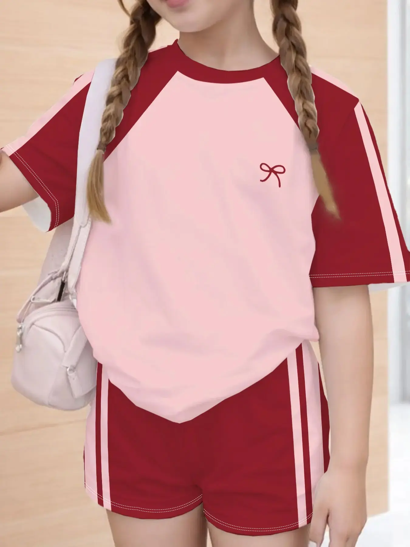 Girls' Trendy Short Sleeve Set, Casual Loose-Fit T-Shirt & Striped Shorts, All over Print, Summer Fashion, Two-Piece, Summer Clothing Set
