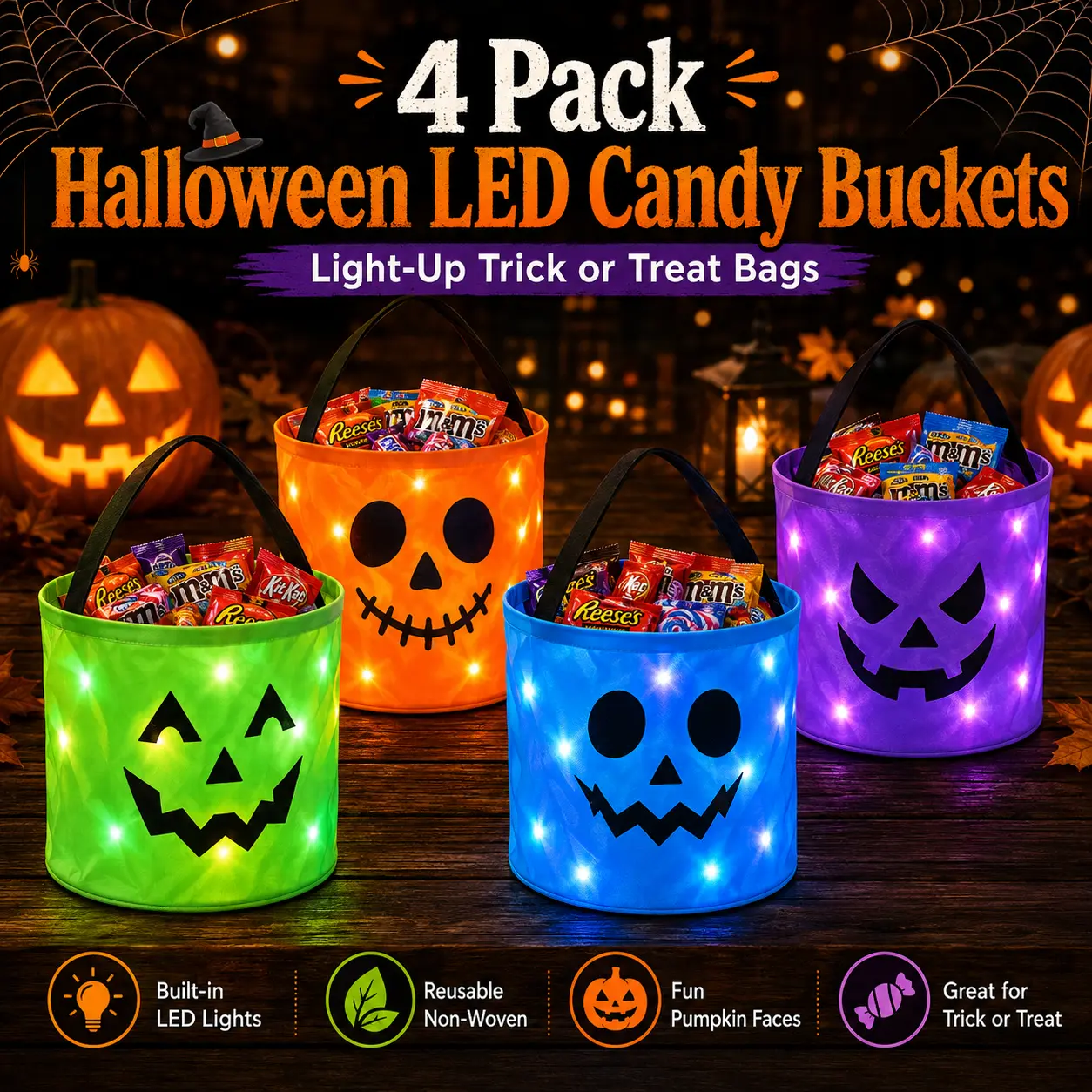 3/4 Pack Halloween LED Light Candy Buckets, Pumpkin Trick or Treat Bags, Reusable Non Woven Gift Bags for Kids, Halloween Party Favors, Outdoor Night Decorations