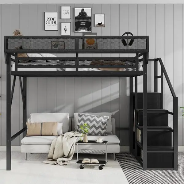Full Size Metal Loft Bed with Stairs, Built-In Wardrobe – Heavy Duty, Indoor, Metal Structure, Modern Style Loft Bed for Bedroom Furniture, Heavy Duty Beds, Indoor Beds