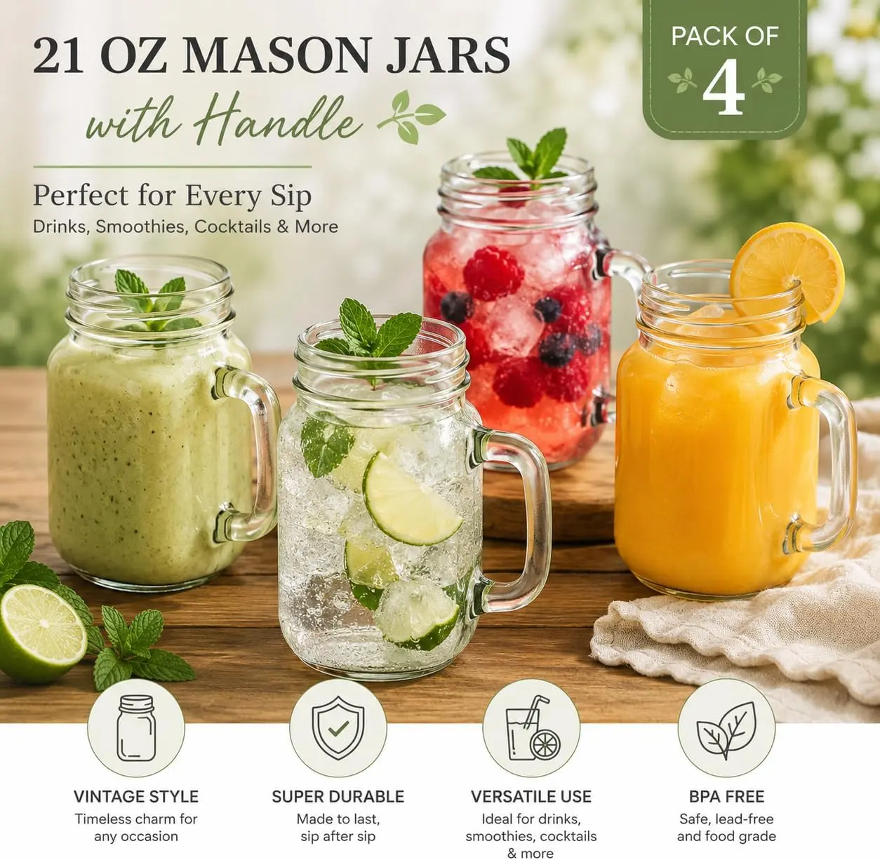 22 oz Mason Jar Glasses with Handles, Set of 4 Clear Drinking Glasses for Iced Coffee, Smoothies, Cocktails & Parties