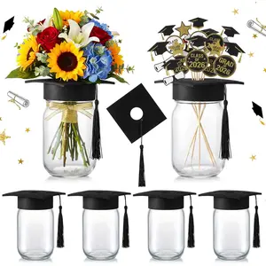 6 Pcs 2026 Graduation Table Centerpiece Decoration Class of 2026 Grad Party Decor Mason Jar with Grad Cap for College High School Graduation (Black)