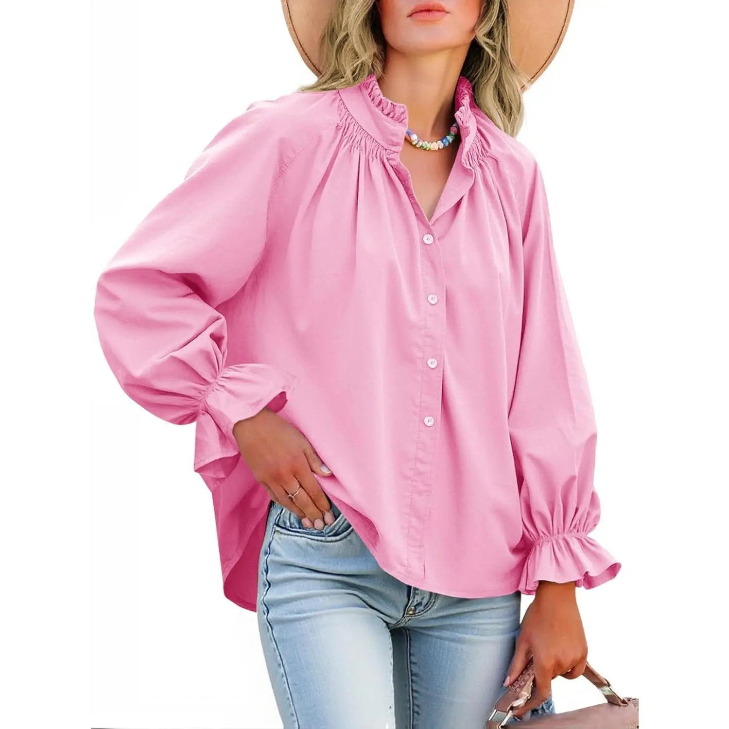 Imily Bela Womens Puff Long Sleeve Button Down Shirts Pleated V Neck Cotton Blouses Loose Fit Casual Ruffle Tops