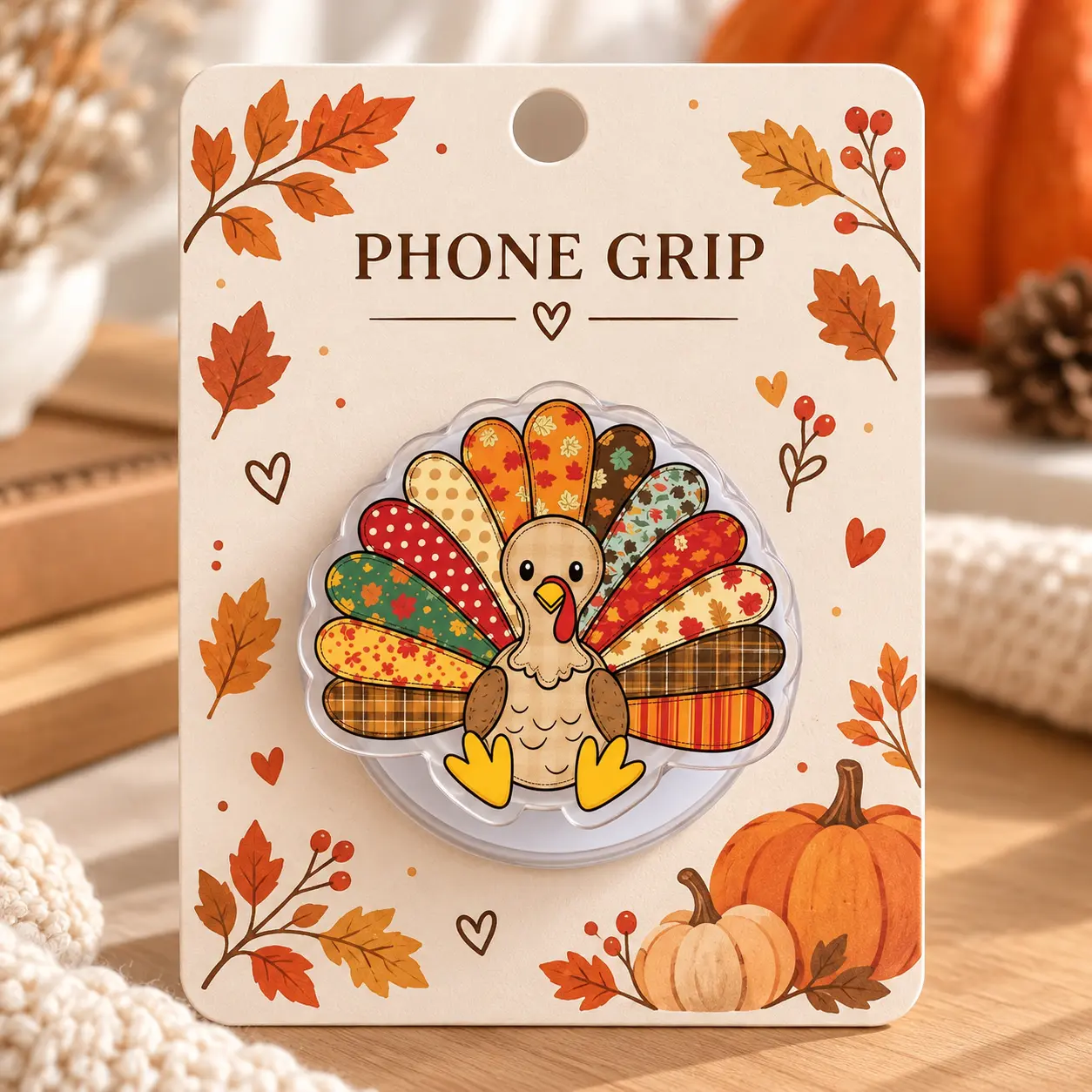 Patchwork Feather Turkey Phone Grip, Mixed Pattern Thanksgiving Mobile Stand, Festive Autumn Electronic Reader Holder Gift